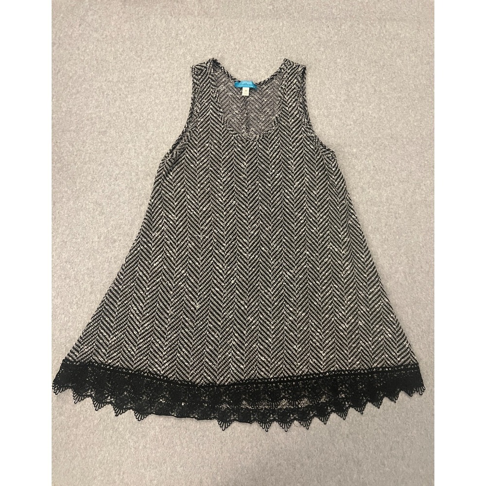 Buttons Herringbone Knit Mini Dress Women's‎ Medium Black Lace Hem USA Made Mod